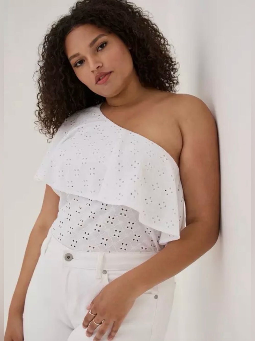 NWT Torrid One Shoulder Ruffle Eyelet Jersey Top White 4X